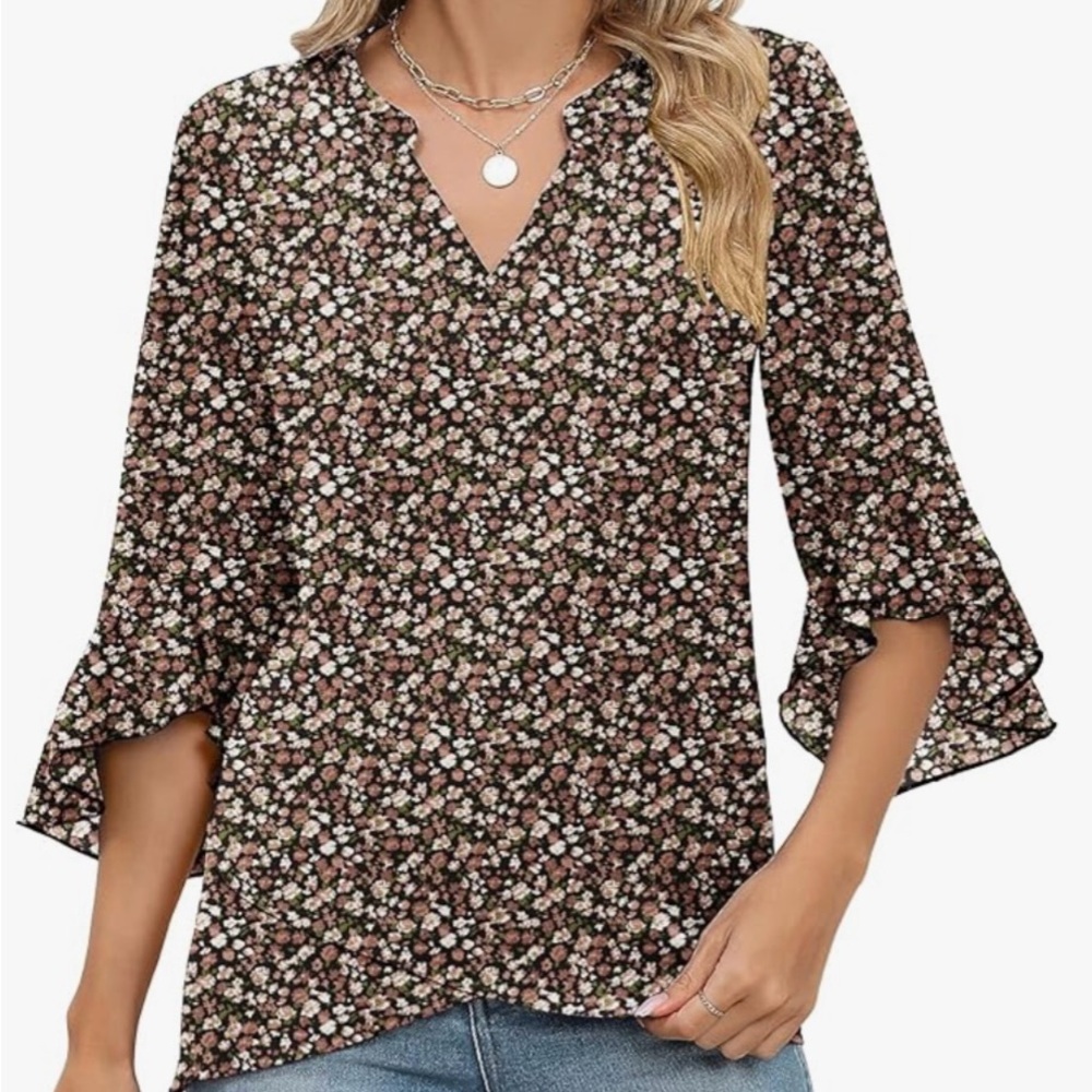 Floral V-Neck Blouse - Brown and White